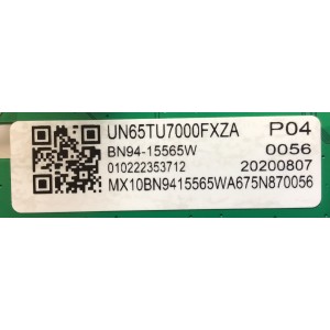 MAIN PARA TV SAMSUNG / NUMERO DE PARTE BN94-15565W / BN41-02751A / BN41-02751 / BN97-17938A / P04/ 0056/ 20200807/ MX10BN9415565WA675N870056 / PANEL CY-BT065HGHV1H / MODELO UN65TU7000FXZA CC02 / UN65TU7000FXZA / UN65TU7000F